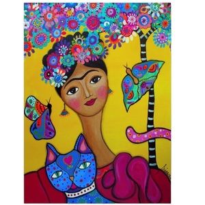 Frida And Her Cat , 14x19-Inch Canvas Wall Art